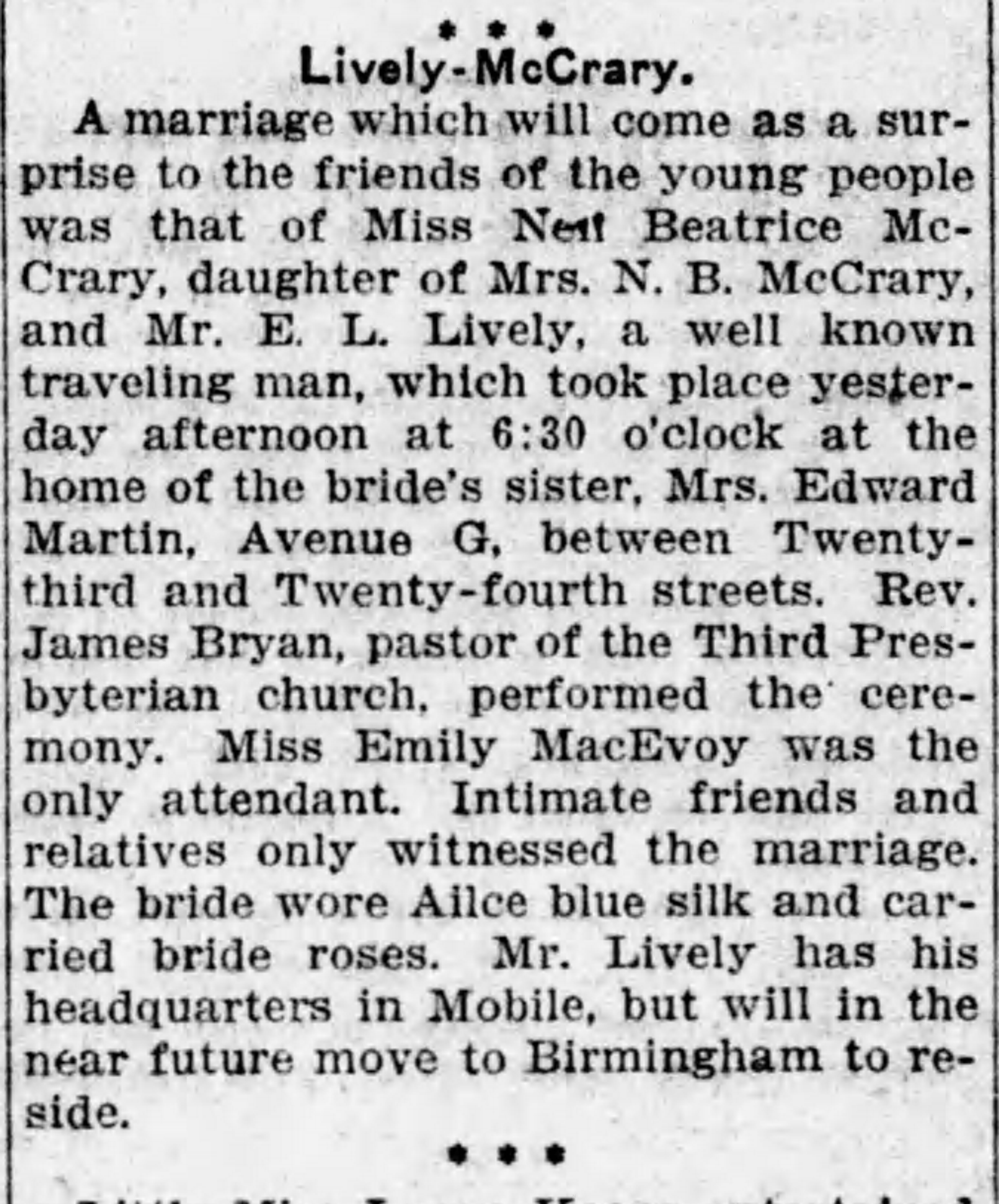 Nell Beatrice McCrary-E.L. Lively